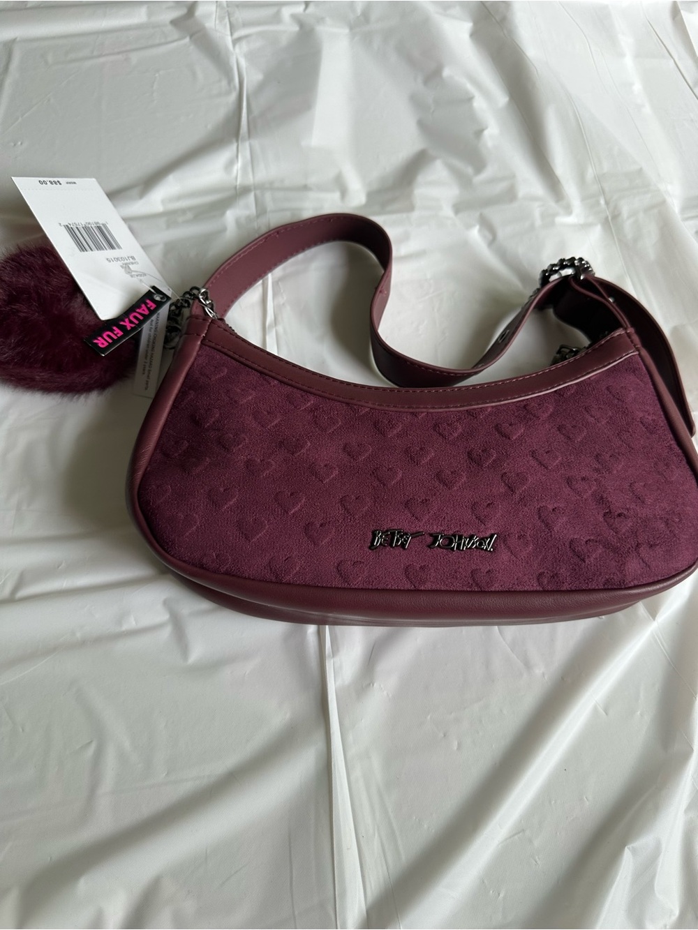 Betsey Johnson Plush Heart-Pattern Shoulder Bag in Plum